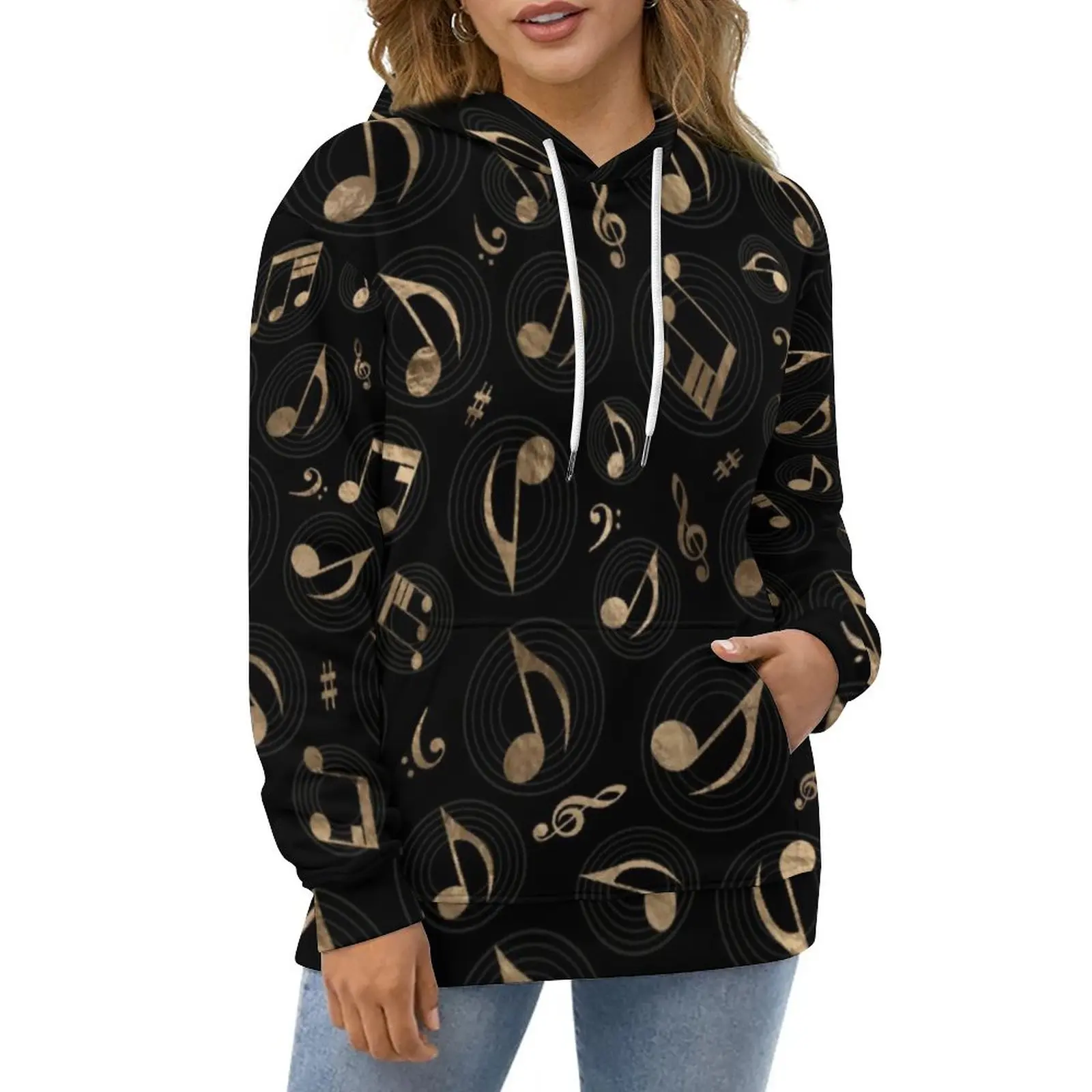 

Music Notes Hoodies Autumn Black and Gold Street Style Oversized Pullover Hoodie Women Long Sleeve Casual Hooded Sweatshirts