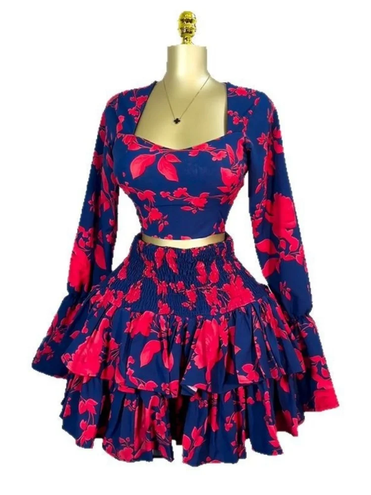 Wmstar Two Piece Set Women Wholesale Clothing 2025 Sweet Fresh Printed Square Neck Long Sleeved Shirt High Waisted Ruffled