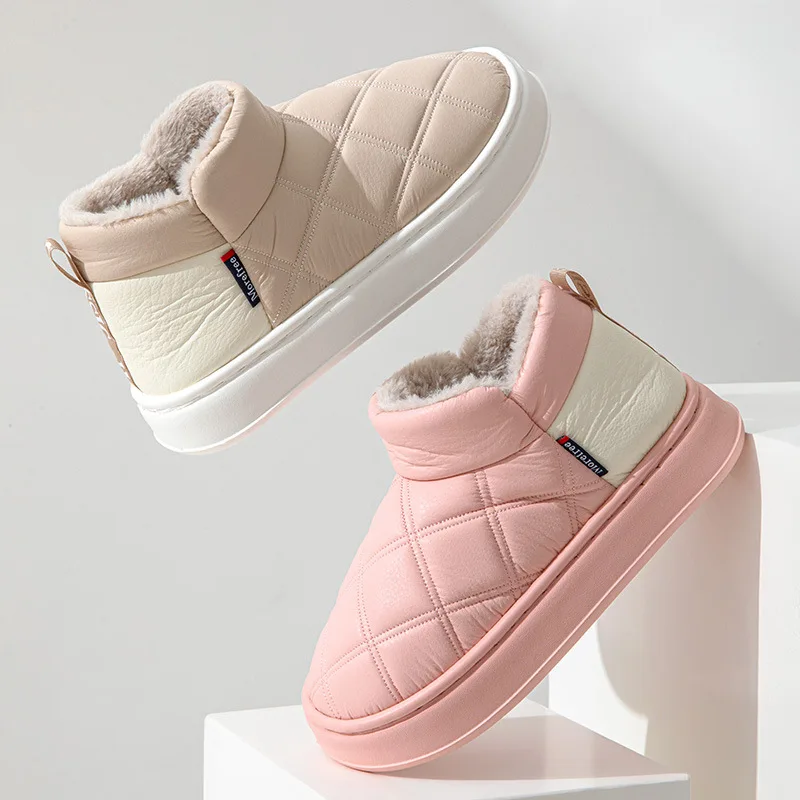 

Winter Shoes Woman 2023 Warm Plush Fur Snow Boots Waterproof Pu Leather Padded Quilted Ankle Botas Mujer Platform Slippers Man