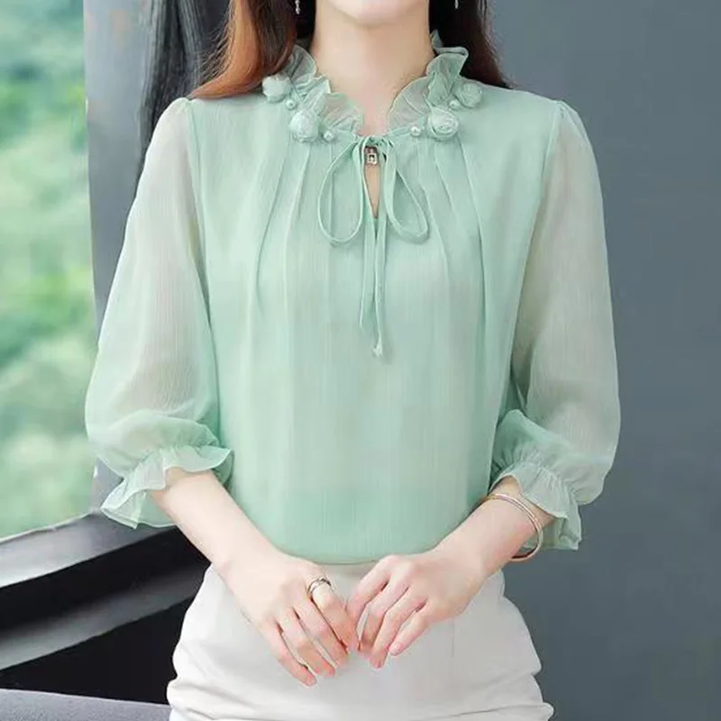 

Sweet Spring Summer Women's Clothing Wooden Ear Edge Round Neck Lacing Blouse Solid Sheer Three-quarter Sleeve Straight Shirt