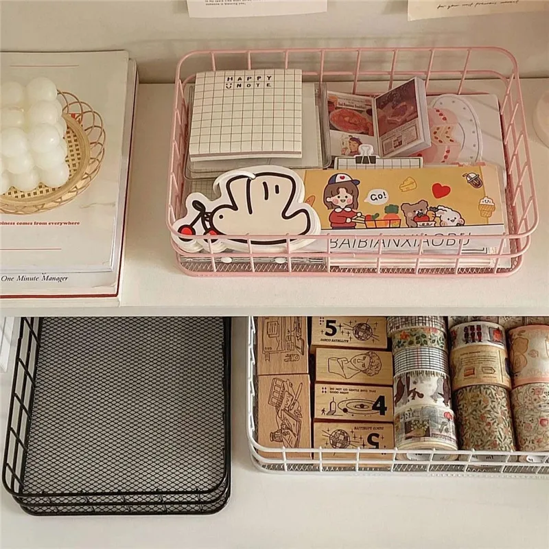MINKYS INS Nordic Iron Desktop Storage Basket Office Cosmetics Storage Box Dormitory Rack Desk Organizer