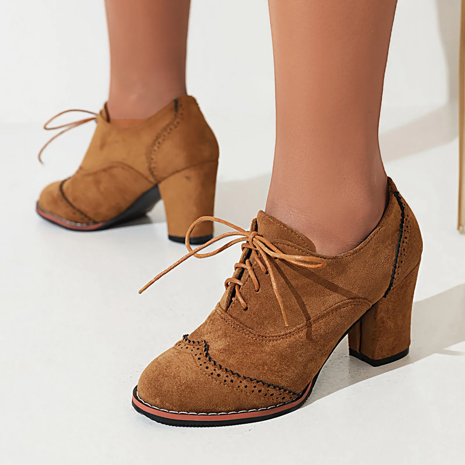 

British Style Women Boots Solid Lace Up Thick High Heeled Elegant Office Daily Shoes Fashion Plus Size 37-42 Dressy Party Boots