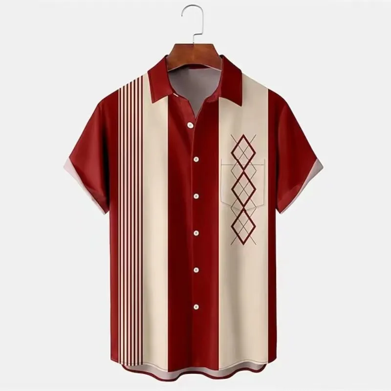 

Men's Summer Fashion Short Sleeve Shirt Button Lapel Stripe Top Casual Hawaiian Vacation Tshirt Male Clothing Camisa Masculina