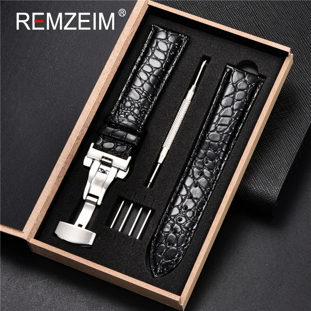 Luxury Embossed Leather Watch Strap with Butterfly Clasp
