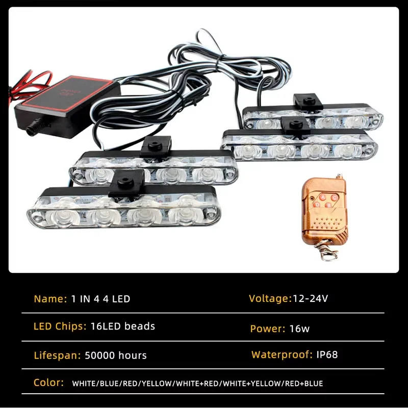 Car Front Grille Strobe Police Lights 4 In 1 Red Blue Flash Warning Emergency Lamp Wireless Remote Control for Truck Van