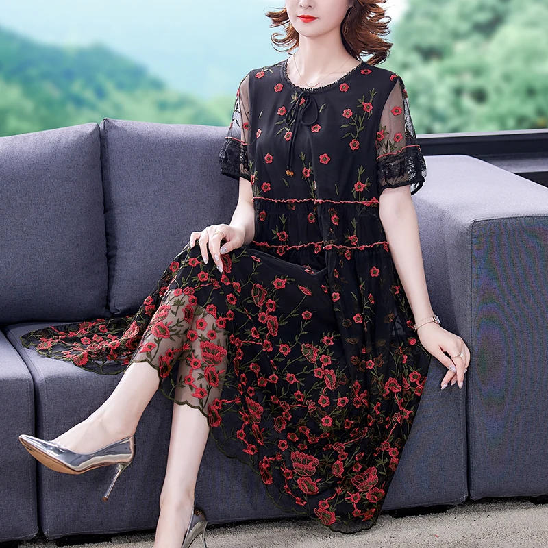 

2023 New Fashion Mesh Embroidery Dress Women's Summer Versatile Round Neck Short Sleeve Loose Fit Casual Holiday Dress Vestidos