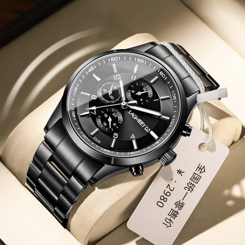 Sleek Black Steel Men's Waterproof Sport Watch