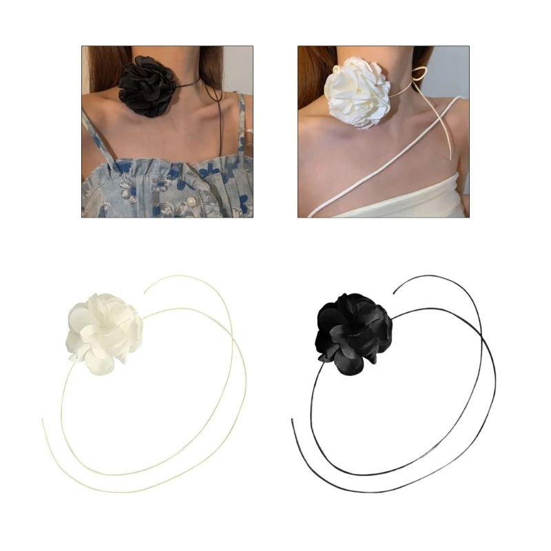 Simple Fabric Flower Long Ribbon Choker Necklaces Neckband Clavicle Chain Choker Party Gift Girl Fabric Flower Necklaces