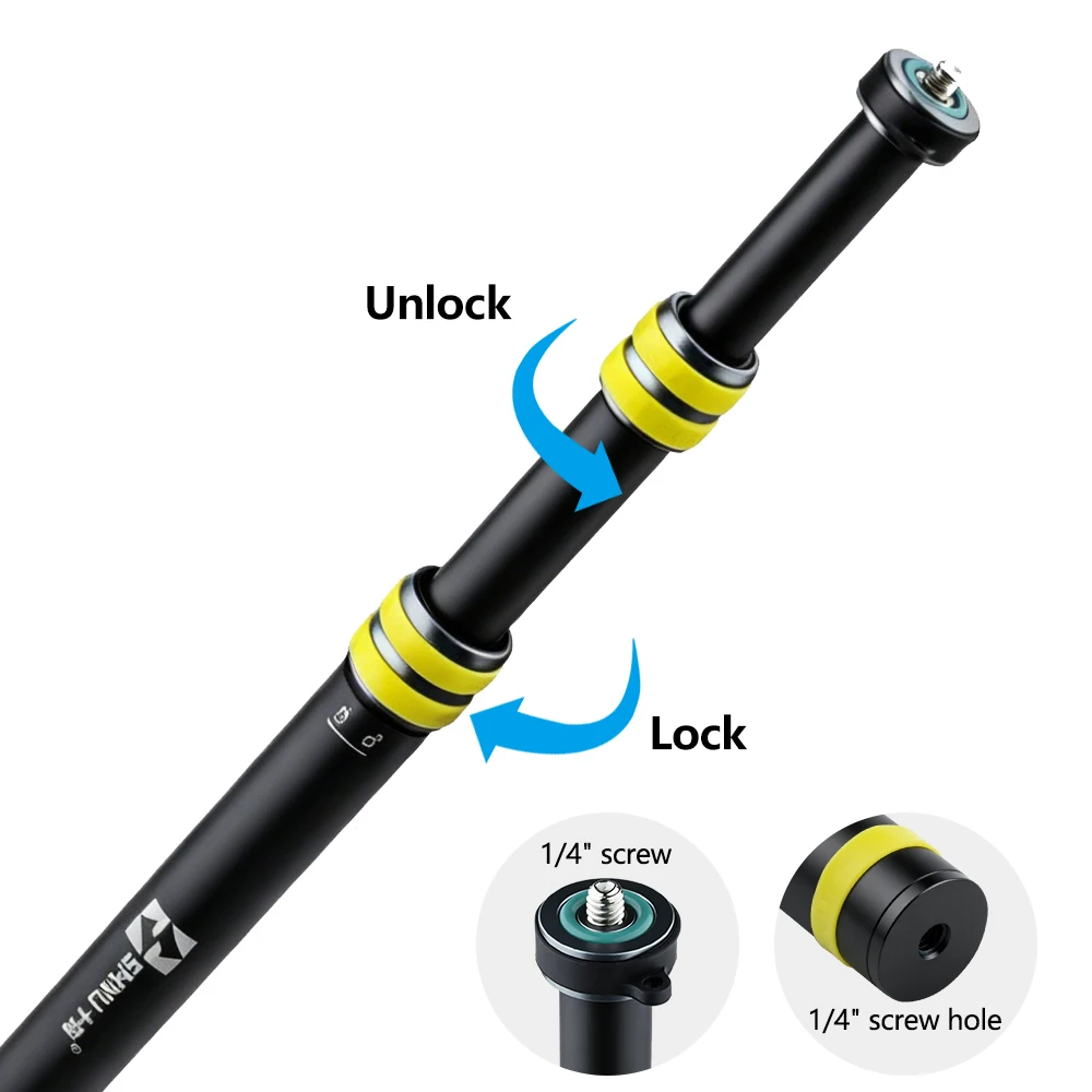 Trépied télescopique pour action caméra et smartphone plié, compact et facile à transporter