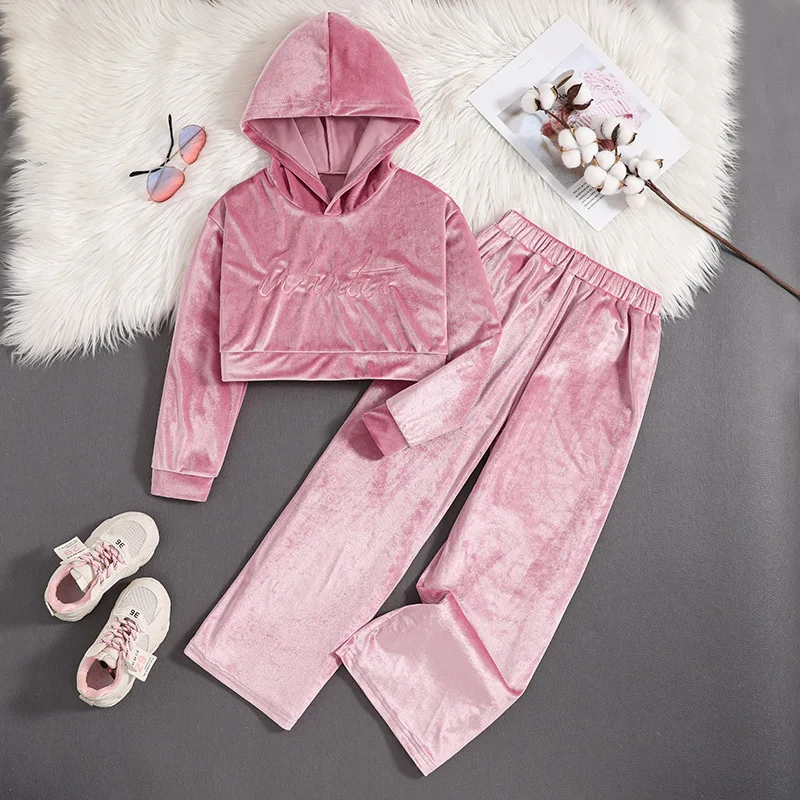 Spring Autumn Girls Clothing Set Solid Color Long Sleeve Short Hoodie+Pants 2Pcs suit For 8-12Y Kids Silver Fox Velvet Outfits