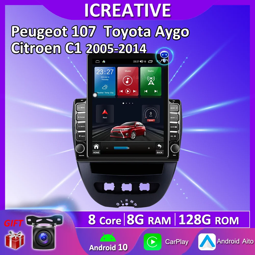 AWESAFE Autoradio Android 13 pour Peugeot 107 Toyota Aygo Citroen C1 (2Go 32Go) 10'' Écran