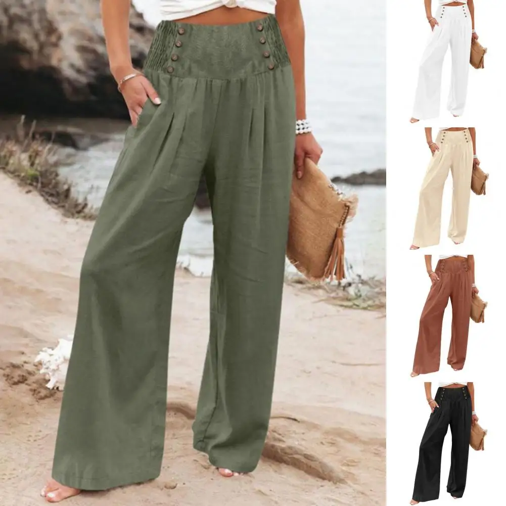 

Women Wide-leg Pants Elegant Wide Leg Women's Pants with Elastic Waist Button Detail Stylish Solid Color Trousers for Spring