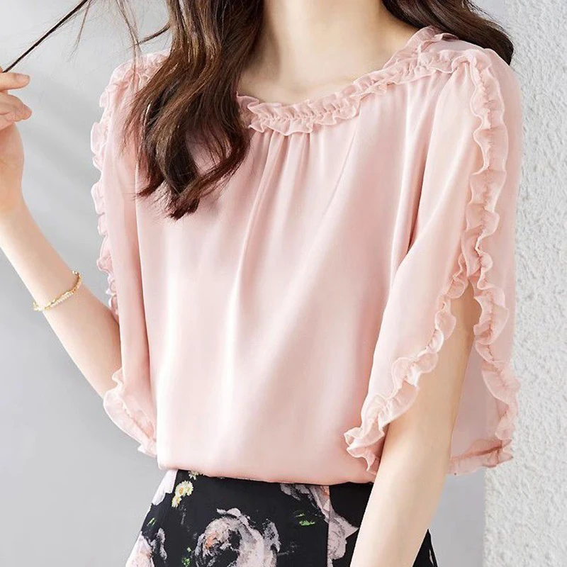 

Elegant O-Neck Solid Color Folds Ruffle Flare Sleeve Blouses Women Clothing 2024 Summer New Loose Korean Tops Office Lady Shirts