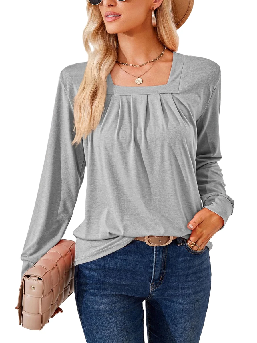 

Элегантные женские футболки, эстетичная футболка в стиле Харадзюку, однотонные плиссированные жаккардовые топы с квадратным воротником и длинными рукавами на осень и зиму