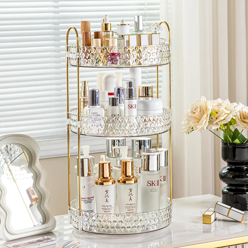 360° Rotating Cosmetic Organizer 3 Tier Transparent Diamond Pattern Cosmetic Rack Bathroom Cosmetic Vanity Organizer Countertop 4