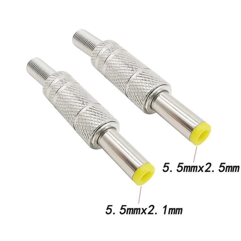2 Stück Silber 5,5x2,1mm 5,5x2,5mm Metall-Gleichstromst ecker mit gelbem Kopf 5.5*2,1mm 5.5*2,5mm Gleichstrom buchsen adapter