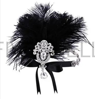 Feather Headpiece 1920s Great Gatsby Headband - Black Feather &amp; Gold Bridal Flapper Headpiece 1920s Headband
