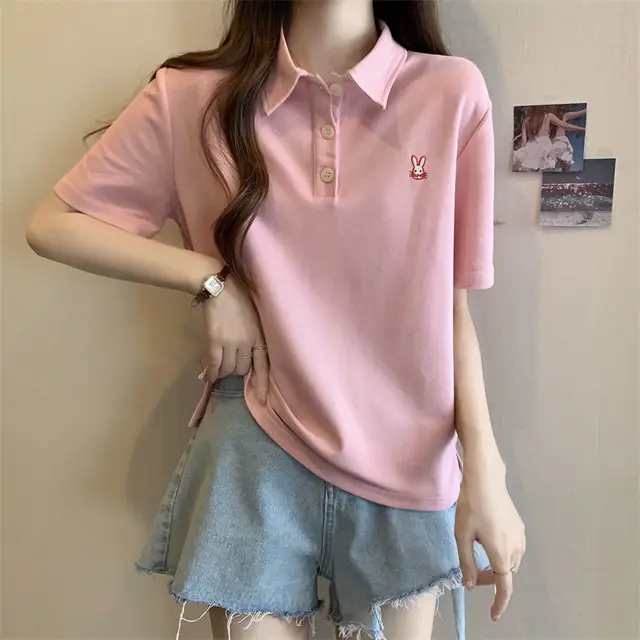 Pink Woman 100℅ Cotton Tshirt Embroidery Polo Neck T Shirt for Women Korean Clothing Y2k Fashion High Quality Youthful Elegant