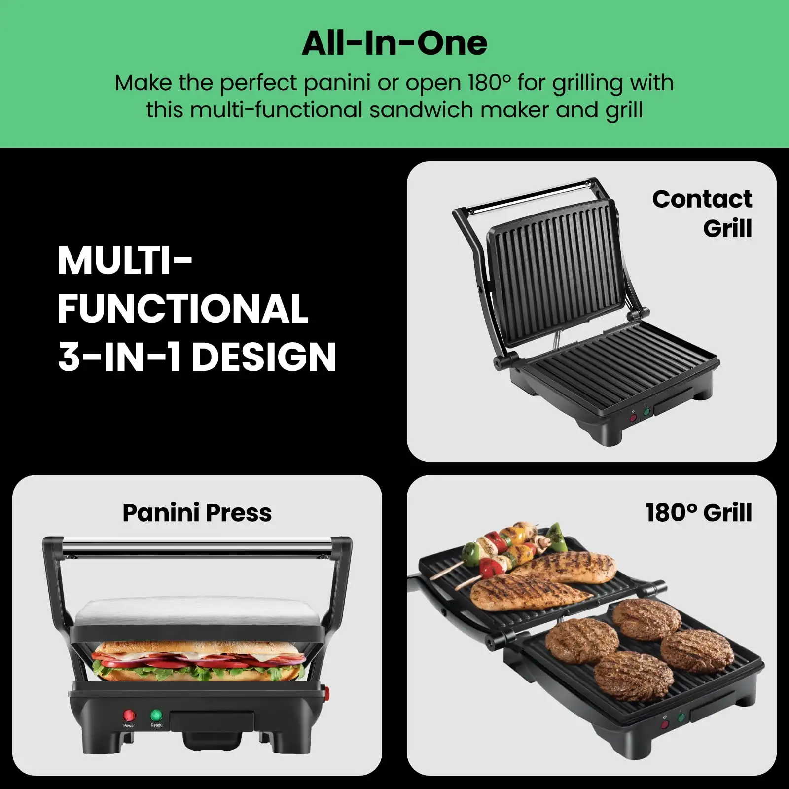 Chefman 3-in-1 Electric Panini Press & Grill, 4-Slice Non-Stick Press, Opens Flat for Grill – Stainless Steel, New