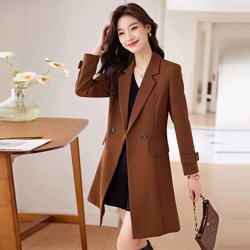 High quality long long blazer for women jacket double breasted autumn winter 2023 elegant fashion clothes - blue brown red
