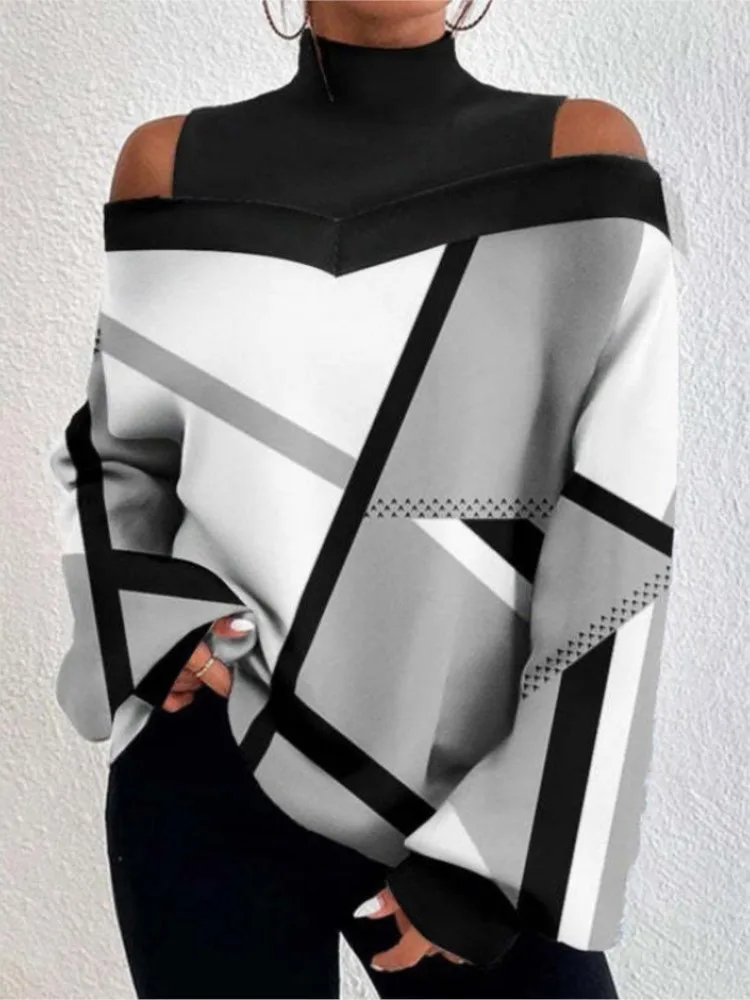 Elegant Women\'s Sexy Off Shoulder Hollow Out Loose T-shirt Top Autumn Winter Fashion Print Turtleneck Long Sleeve T-shirts Tops