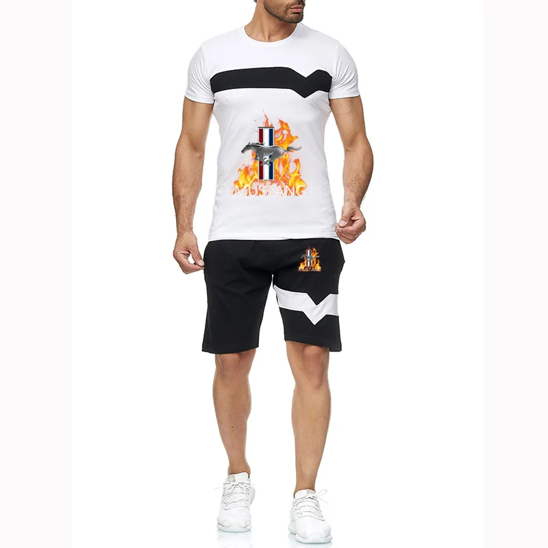 Mustang printed men's short sleeve summer men's Harajuku style hip-hop T-shirt high quality T-shirt shorts suit sportswear.
