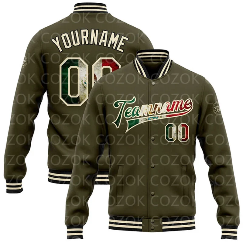 Custom Grass green 3D Printed Baseball Button Jacket Bomber Full-Snap Varsity Letterman Jacket