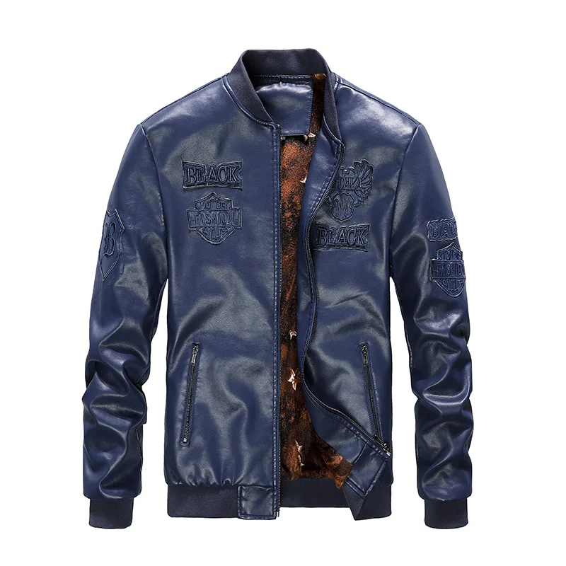 

Faux Leather Embroidered Baseball Jacket Autumn Winter Mens Fashion Plus Velvet Lining Plus Size PU Biker Leather Jacket Men