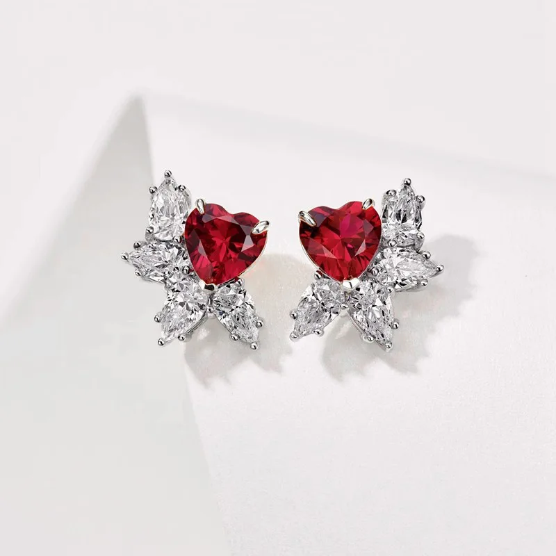 Romantic Peach Heart Earrings Zircon Red Ring Love Necklace Women Elegant 925 Sterling Silver Jewelry Set Fashion Gift KOFSAC