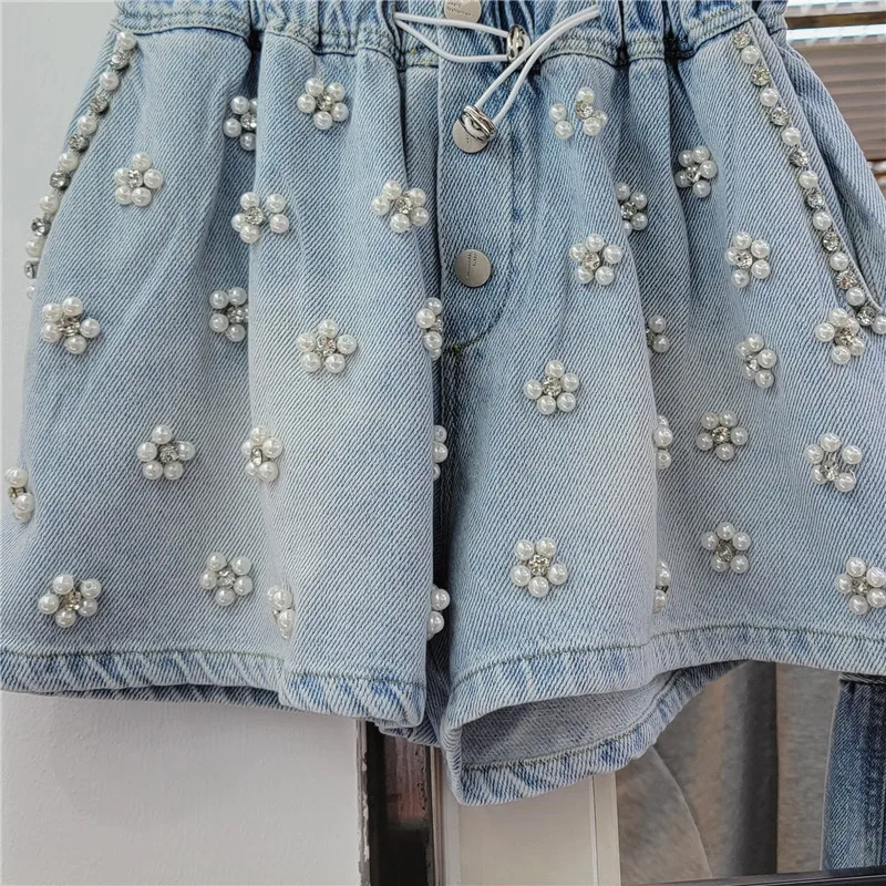 High Waist Slim Wide-Leg Denim Shorts for Women 2024 Summer New Heavy-Duty Diamond-Embedded Beaded Elastic Waist Short Jeans