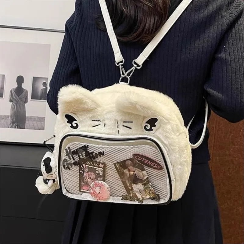 JIAERDI Sweet Cute Cat Pink Mini Backpack Women Harajuku Aesthetic Plush Soft Ita Bag Messenger Bag Student Kawaii Backpacks