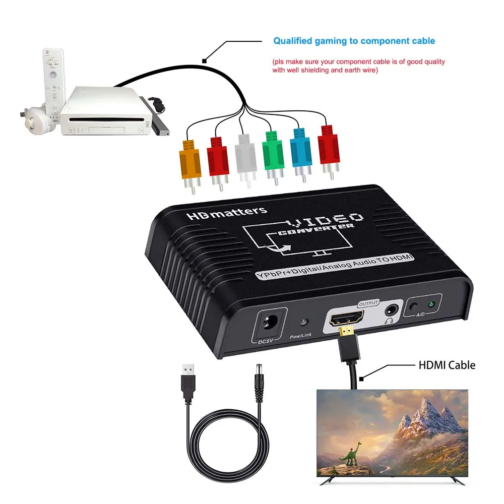 Component Ypbpr to HDMI Converter 5-RCA Component to HDMI Cable