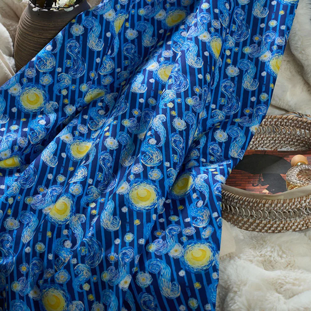 Van Gogh Inspired Starry Sky Cotton Print Fabric - 145x50cm for DIY Projects and Home Decor