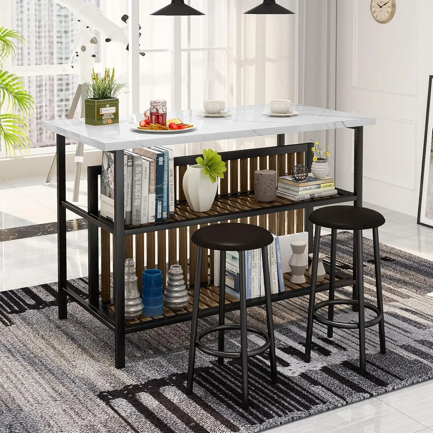 Kitchen Island with Seating & Storage Shelf, Faux Marble Island Table for Kitchen, Modern Bar Table and Chairs Set for 2,Di