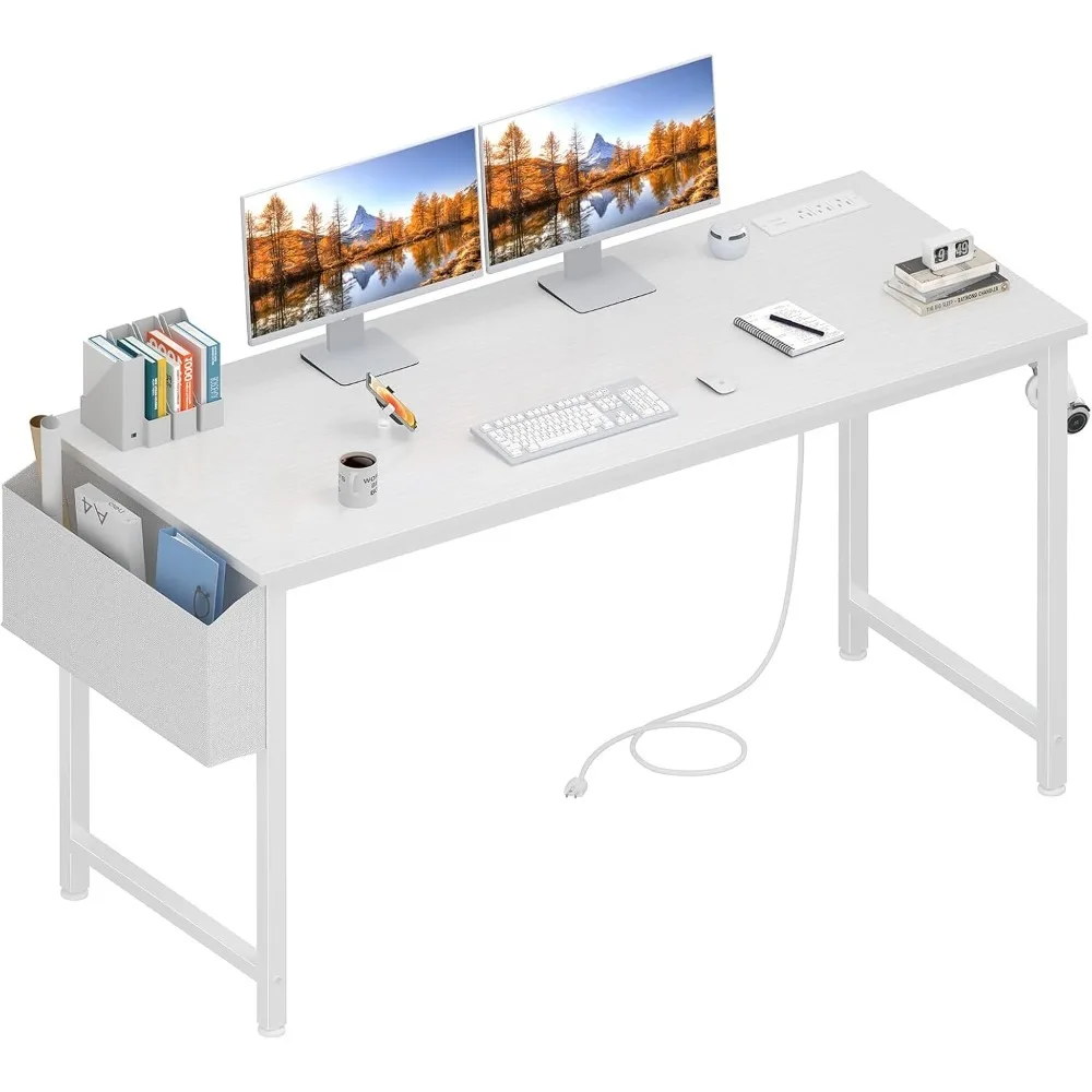 White Computer Desk with Power Outlet, 55 inch Teen Study Table Home Office Work Writing Gaming Desk, Computers Desks 2