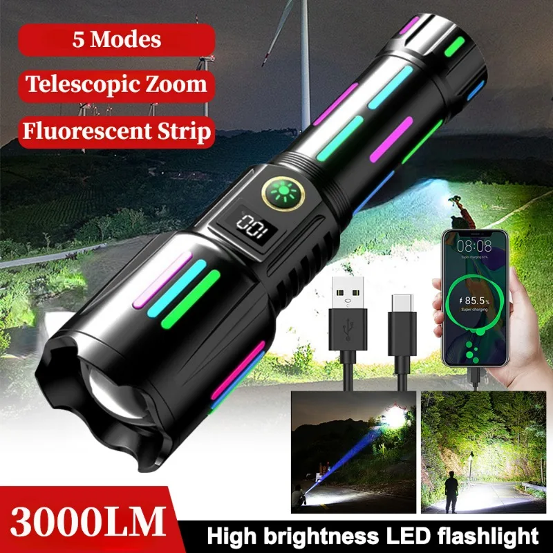 3000 Meter Long-Range White Laser Flashlight TYPE-C Rechargeable Camping Hand Lamp Military Tactical Zoomable Search Spotlight