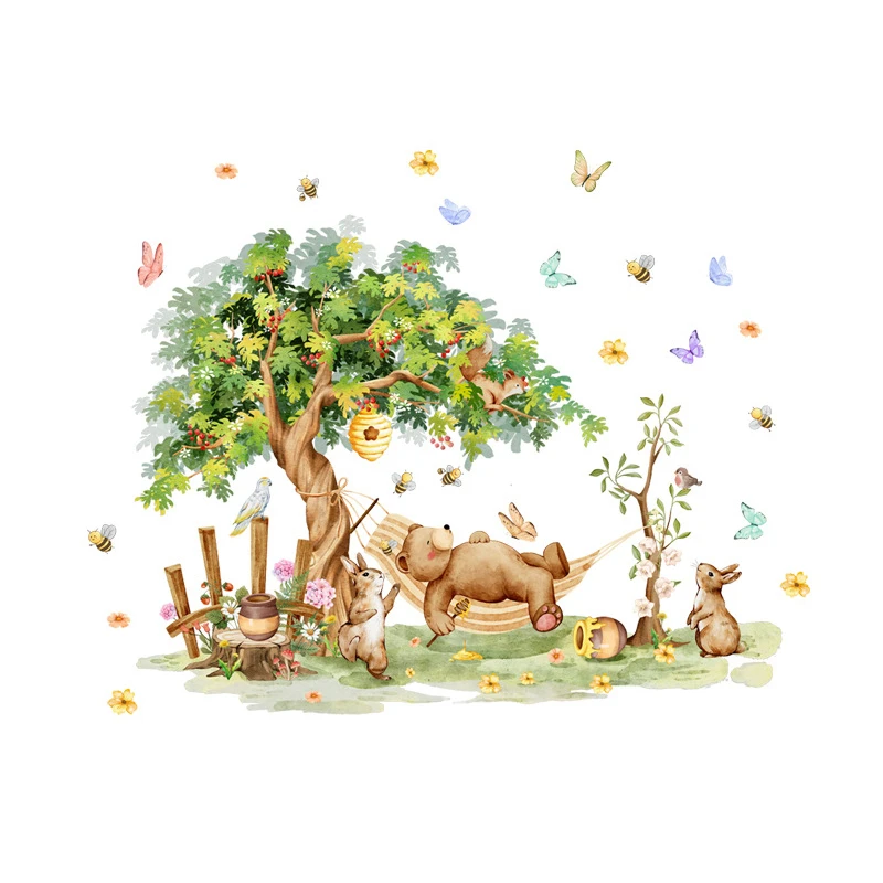 Large Rural Tree Squirrel Bear Rabbit Wall Stickers for Kids Rooms Baby Room Decor Living Room Home Decoration Child Wall Decals