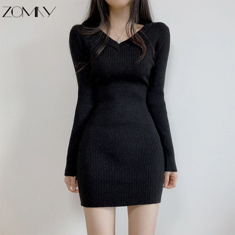 

Женское трикотажное мини-платье ZOMRY в стиле ретро, однотонное облегающее платье-свитер с V-образным вырезом и длинным рукавом, осенне-зимнее приталенное шерстяное платье