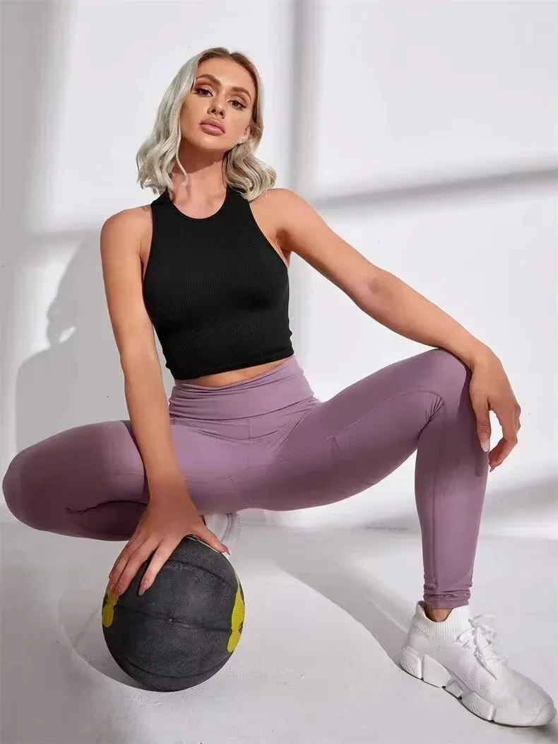 3 Piece Yoga Vest Women Gym Sports Black White Crop Tops Seamless Streetwear Rib Knit Workout BreathableTank Top Female