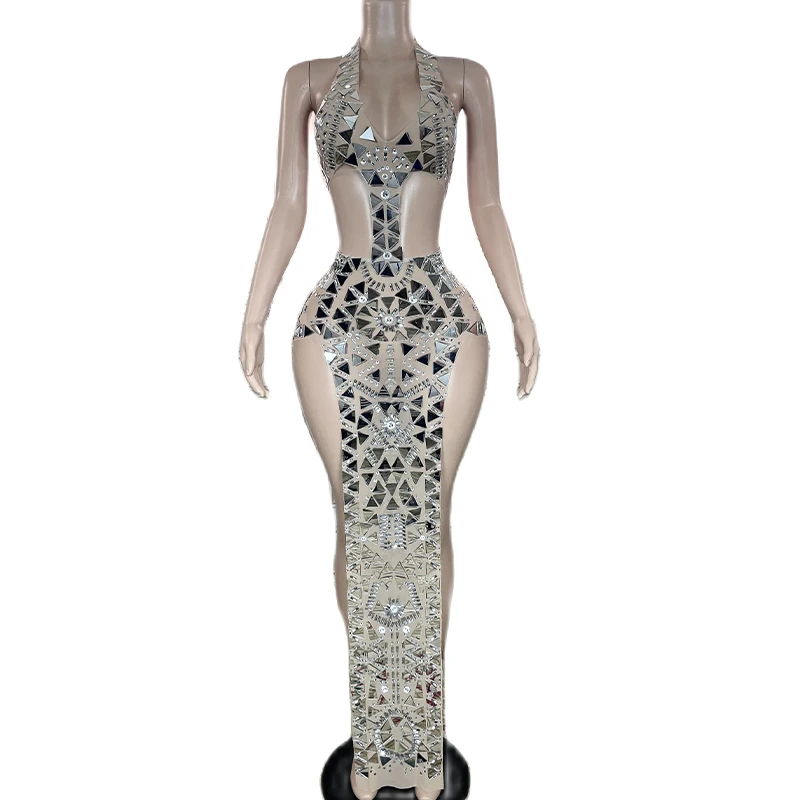 

Stage Sparkly Silver Mirror Rhinestone Hollow Dress Evening Birthday Celebrate Wedding Costume Women Dancer Latin Dress