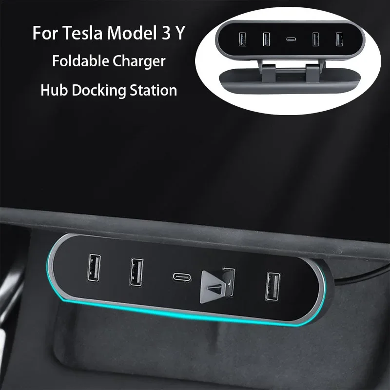 

Docking Station for Tesla Model 3 Y Foldable Charger Hub Under Screen 4 USB Shunt Hub Adapter Splitter Extension Car Accessories