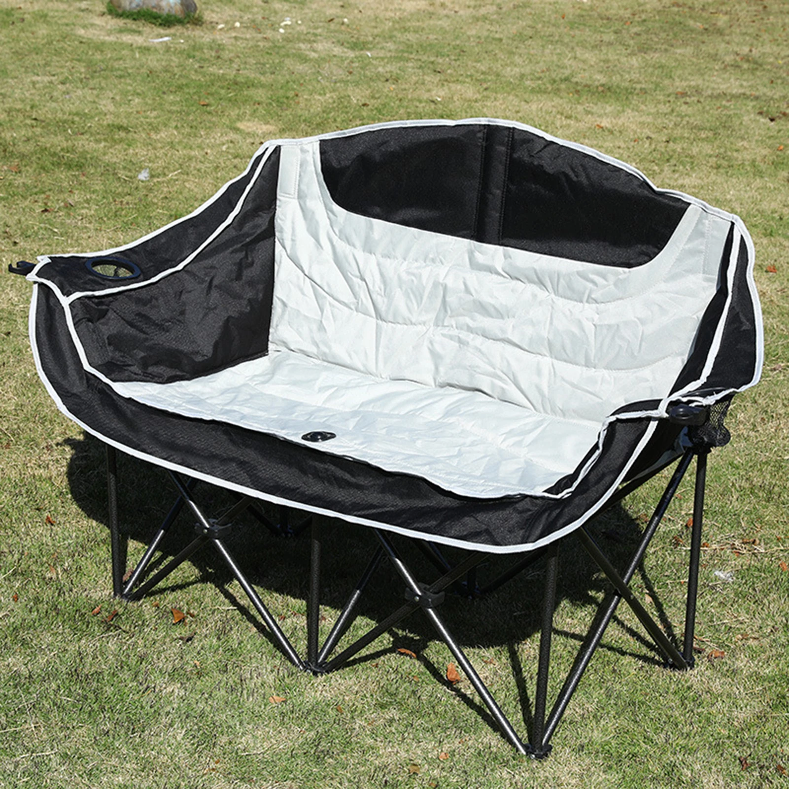 Double Seat Collapsible Chair with Cup Holder Foldable Design Strong Load-bearing Waterproof Fabric Oversized Loveseat Camping 3