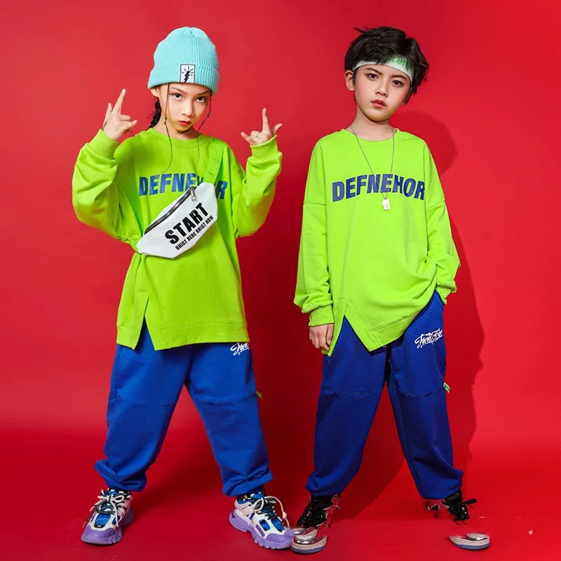 

Kid Hip Hop Clothing Green Sweatershirt Top Pullover Streetwear Jogger Pants for Girls Boys Dance Costume Clothes