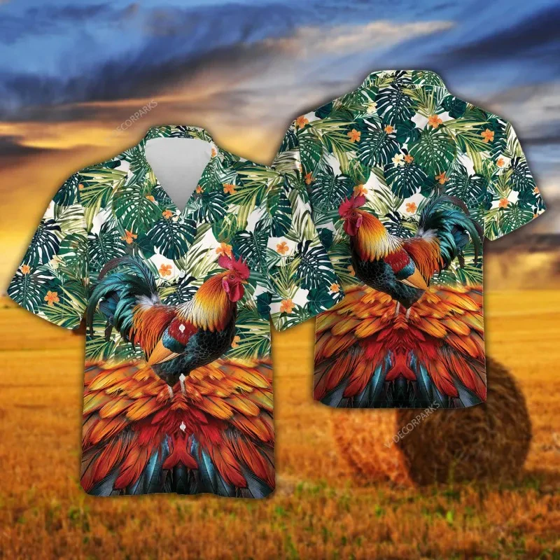 Chicken 3d Printing Farm Shirts Men Casual Hawaiian Beach Shirt Short Sleeve Casual Camisa Single-Breasted Blouse Male Clothing