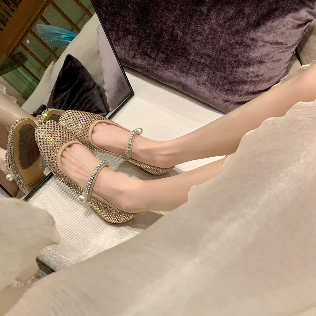 풀 다이아몬드 에어 메쉬 발레리나 슈즈, 스퀘어 토 메리 제인, 크리스탈 플랫, 신부 웨딩 로퍼, 댄스 발레 슈즈