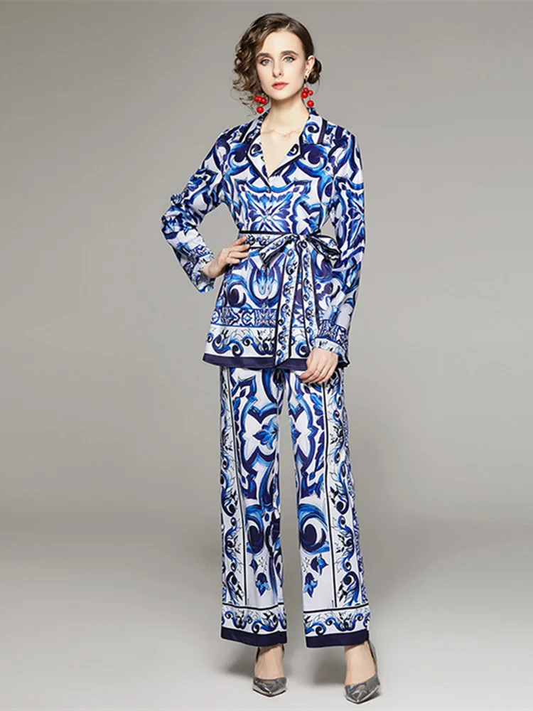 

New Autumn Blue And White Porcelain Print Trousers Suit Women's Belt Notched Blouse Top + Wide Leg Pants Set Silk Pajama Outfits