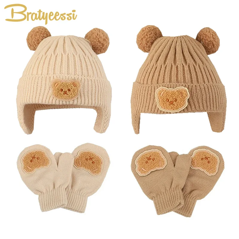 Bear Baby Winter Hat Gloves Set Pompom Infant Bonnet Knitted Kids Beanie with Earflaps Toddler Cap Baby Accessories 1-3Y