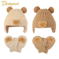 Bear Baby Winter Hat Gloves Set Pompom Infant Bonnet Knitted Kids Beanie with Earflaps Toddler Cap Baby Accessories 1-3Y 2