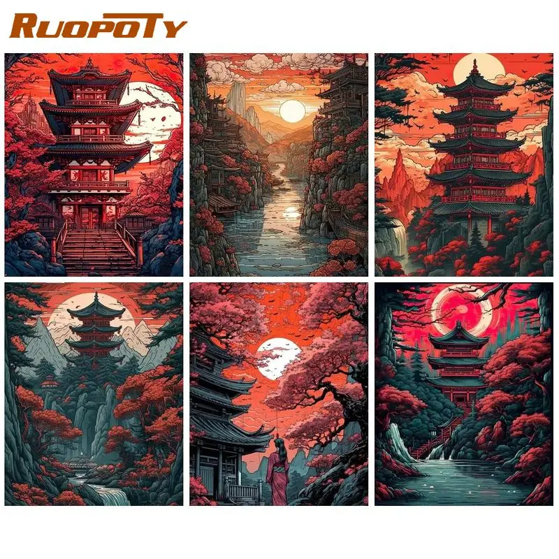 

RUOPOTY Oil Painting By Numbers On Canvas Temple Red Landscape Drawing By Numbers For Adults Pictures By Numbers Handmade