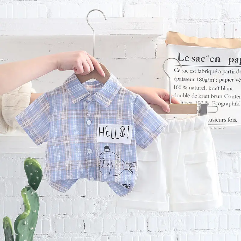 

2022 Summer Baby Clothes Suit Children Boys Plaid Shirt Shorts 2Pcs Toddler Casual Clothing Infant Kids Tracksuits Suit Sets